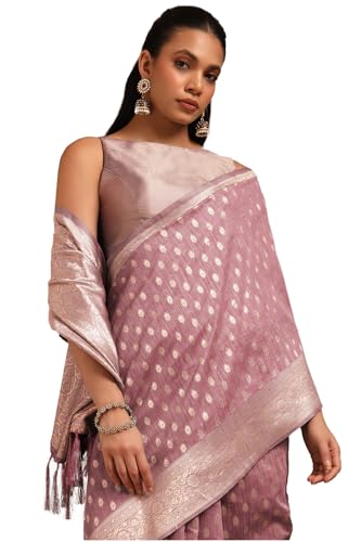 Soch Womens Onion Pink Tussar Floral Print Saree With Zari Woven