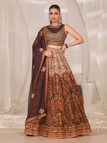 Woman's Printed brown raw silk lehenga choli