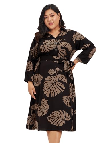 wild U Women Plus Size Dress | Tropical Print | Midi | Pocket | Shirt Dress | Curvy Woman | Western (Brown, 7XL)