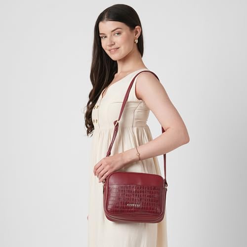 Caprese Minato Sling Medium Bag for Women | Stylish Bag with Adjustable Strap, Secure Zip Closure for Comfortable Wear | Versatile Handbag for Everyday Use, Travel & Special Occasions (Cherry Red)