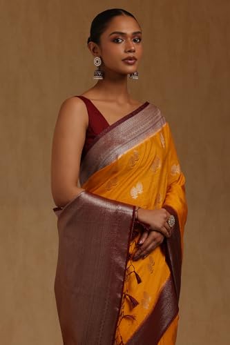 Soch Womens Mustard Viscose Silk Floral Zari Woven Saree