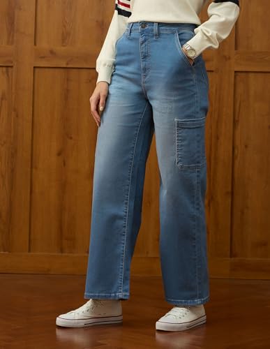 U.S. POLO ASSN. High Rise Wide Leg Cargo Jeans (UWAW25JEN374_Mid Blue Khaki Tint_32)