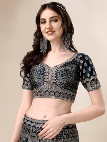 SAPTRANGI Women's Embroidered Ready to Wear Lehenga & Blouse with Dupatta (Navy Blue & Beige, XL)