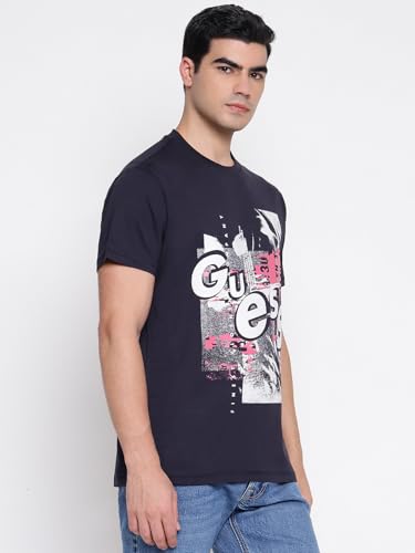 GUESS Mid Organic Stream Smart Blue Graphic Round Neck Regular Fit T-Shirt