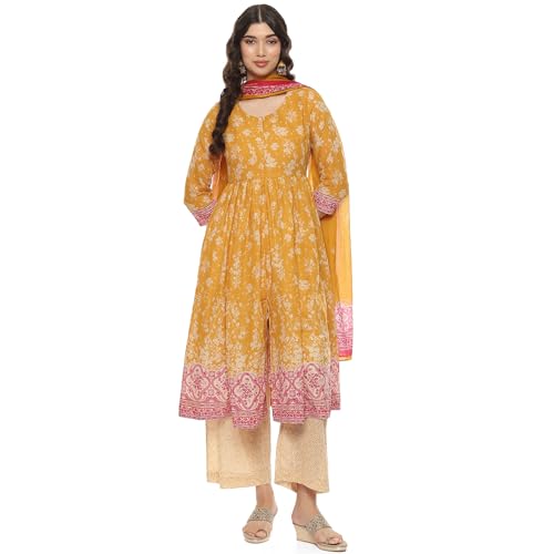 BIBA Women EMBROIDERY STRAIGHT SALWAR KURTA DUPATTA(SKDPARSI GA8889_YELLOW_34)