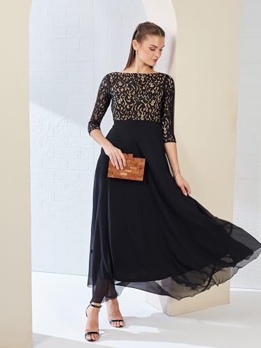 Miss Chase Women'sSelf Design Boat Neck 3/4 Sleeves Side Pocketed Georgette Fit and Flare Maxi Length Dress (MCAW25D85-90-62-06, Black, XL)