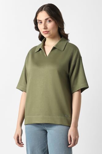 Women Olive Solid Formal Stylized Neck Top