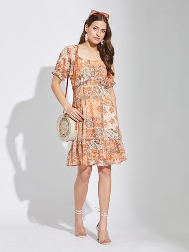 Latin Quarters Women Orange Square Neck Half Sleeves Printed Knee Length A-Line Dress for Casual Wear_XL