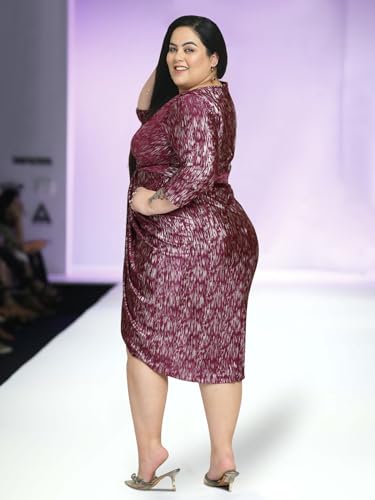 wild U Women Plus Size Cocktail Dress | Wrap | Pleated | Stretchable | Western Stylish - Wine Silver - 7XL