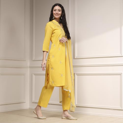 Biba Women's Yellow Cotton Straight Solid Suit Set