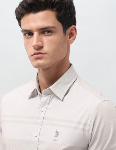 U.S.Polo Association Men's Solid with Stripe Detail Regular Fit Shirt (USSHT3284_Beige_42)
