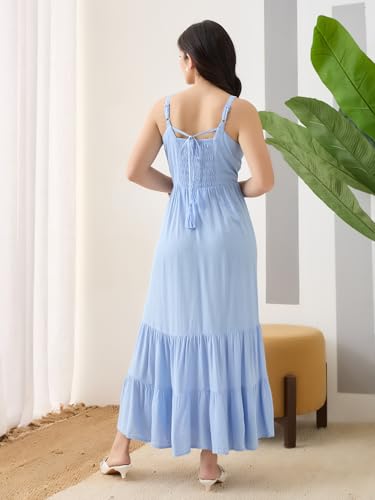 Latin Quarters Women Blue Solid Maxi Strappy Square Neck Casual Dress_M
