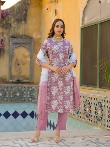 Divena Peach Floral Print Cotton Straight Kurta Pant with Dupatta