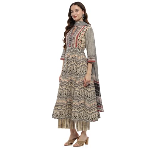 BIBA Women's Beige Cotton Anarkali Suit Set (SKD9727SS24BEG