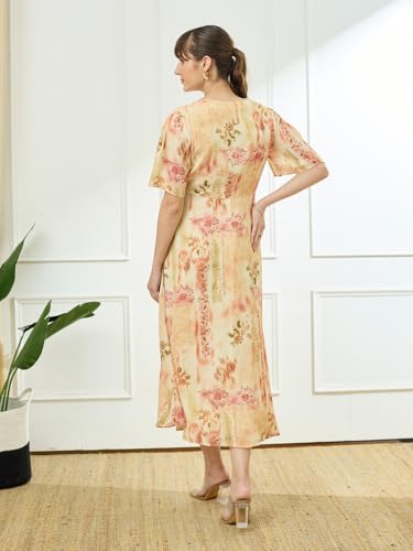 Latin Quarters Women's Yellow Half Sleeves V-Neck Casual Printed Dress_M