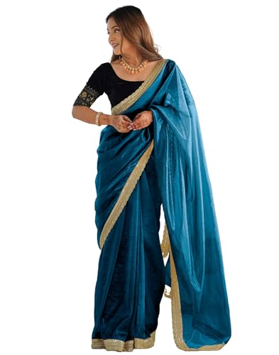 SIRIL Women's Net Embroidered Saree With Unstitched Blouse Piece(3997S133-Blue)