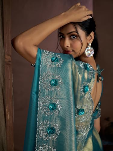 SAREE MALL Women's Teal blue Organza Embellished Saree With Unstitched Blouse (MAHEK926E_MK)