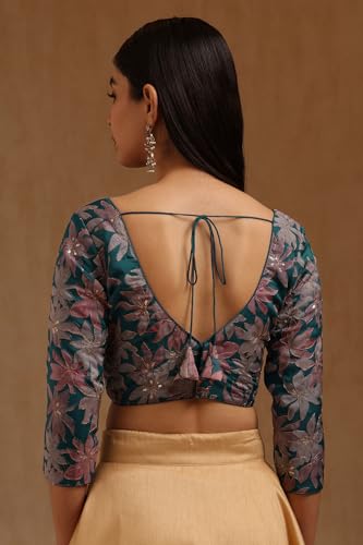 Soch Womens Blue Organza Floral Print Padded Blouse with Zari