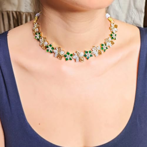 ZYRA JEWELS Floral Choker Necklace Set and Earrings, American Diamond & Austrian Zircon Studded Micro Gold Plated Antique Polished Jewellery Set For Women and Girls (Emerald Green)