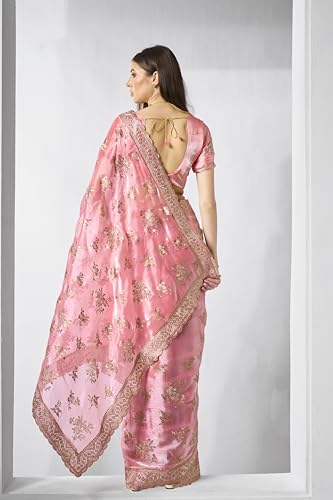 ORHANS Women's Organza Embroidered Work Saree With Organza Matching With Unstitched Blouse Piece