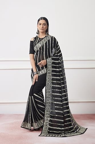 ORHANS Women's Georgette All-Over Fix Diamond Work Saree With Solid Printed And Art Silk Matching With Unstitched Blouse Piece |Saree For Office & College Party