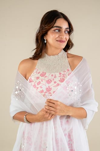 essaySumedha Agrawal Organza Satin Organza Santoon Lehenga Set for Women (Size: XL, White & Pink)