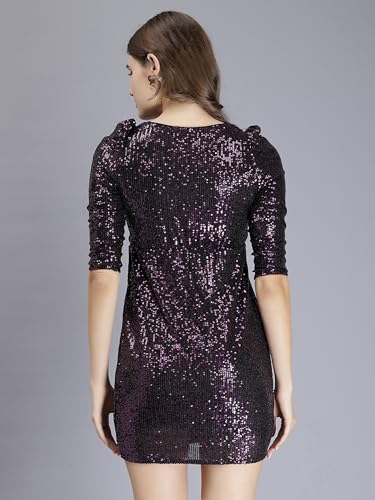 SAFFE Women's Casual Embellished Sequined Round Neck Puffed Sleeve Polyester Blend Fitted Dress (Voilet_XL)