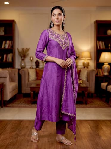 VARNI FABRICS: A lady's First Love Women's Vichitra Silk Embroidered Kurta With Pants and Dupatta, Ethnic Wear Set (IN, Alpha, S, Regular, Purple)