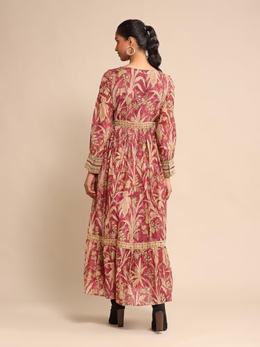 Ritu Kumar Wine Botanical Print Chanderi Dress