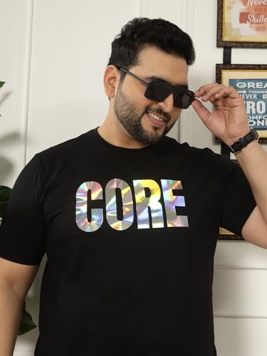 JOHN PRIDE Plus Size Men Regular Fit Printed Short Sleeves Black Round Neck Stretchable T-Shirt (JPTSR32444_6XL_Black)