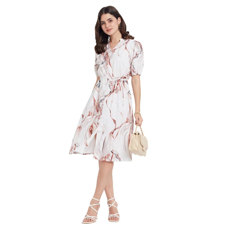 METTLE Women Abstract Print Tie-Ups Puff Sleeves Fit & Flare Dress