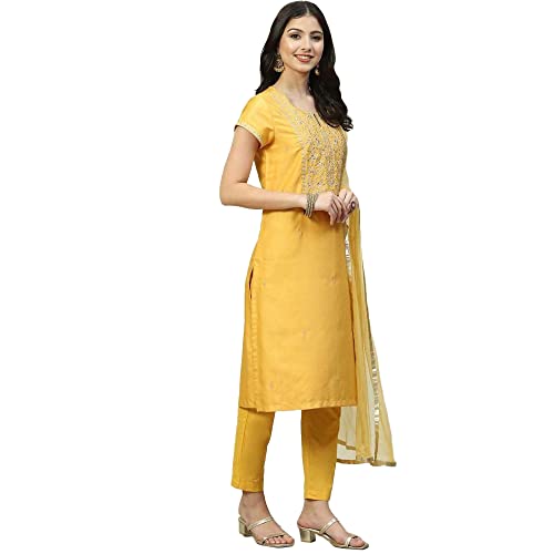 Biba WOMEN PRINTED NARROW SALWAR KURTA DUPATTA(SKDASSORTED8331_MUSTARD_42)