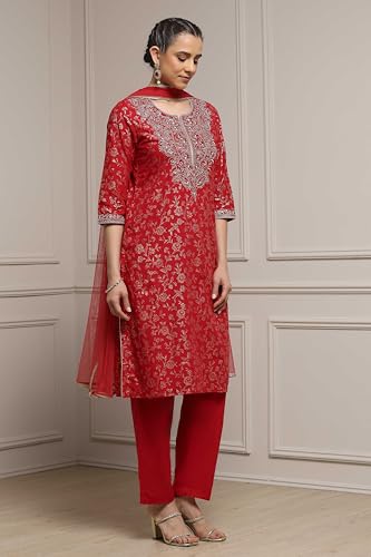 Biba Women Green-Maroon Cotton Straight Printed Suit Set_34