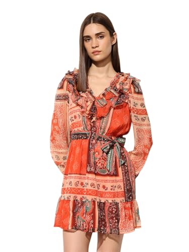 ONLY Women's Tribal Print Fit and Flare Orange Dress