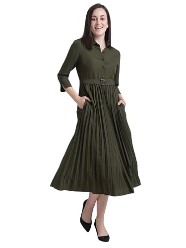 FableStreet Women's Polyester Collared Pleated Fit and Flare Midi Dress - Olive
