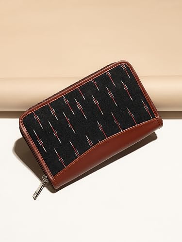 ZOUK Ikat Wallets for Women - Handmade Wallets for Females - Vegan Leather and Ikat Purse for Ladies - Clutch with Indian Print - Wallets for Mobile Phones - Ikat GreRed Print