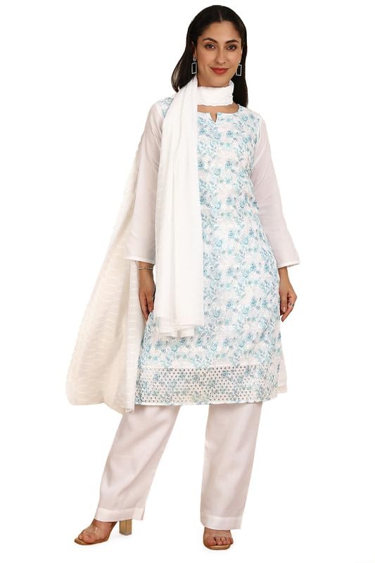 Soch Womens Blue Cotton Embroidered Unstitch Dress Material With Schiffli
