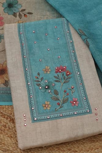 Soch Womens Beige Linen Shimmer Botanical Kantha Embroidered Dress Material With Beads