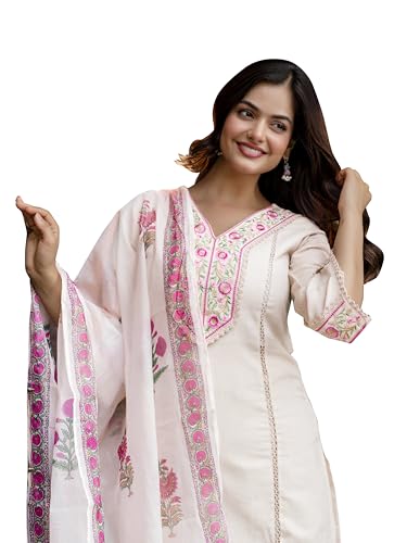 TRENDMALLS Women's Cotton Embroidery Kurta Pant with Dupatta Salwar Suit Set (G287-Offwhite-S-)