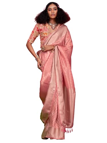 AKHILAM Women's Peach Tissue Ethnic Motif Printed Saree With Unstitched Blouse (KABYAA399005_RJ)