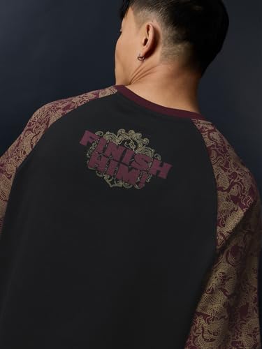 The Souled Store Mortal Kombat: Finish Him Men and Boys Short Sleeves Round Neck Black Embroidered Casual Lightweight Drop Shoulder Streetwear Trendy Cotton Oversized T-Shirt