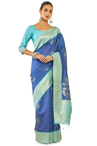 Soch Womens Blue Tussar Silk Saree With Zari Woven Foliage Designs