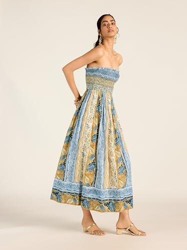 Label RITU KUMAR Blue Ecru Renelle Offshoulder Dress
