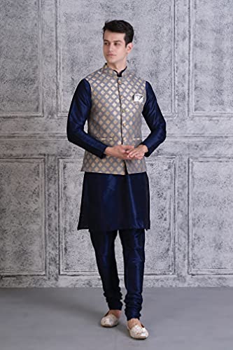 Ethluxis Men's Silk Blend Regular Fit Navy Kurta Pyjama Set With Bundi Nehru Jacket Waistcoat (44, Navy/Grey), 2XL