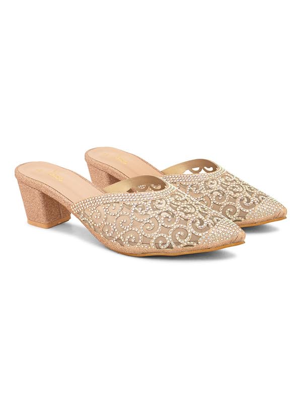 XE Looks Women's Gold Embellished Block Heel Mules | Pointed Toe Slip-On with Intricate Rhinestone Design | Stylish, Fancy & Charm Block Heels For Girls & Women