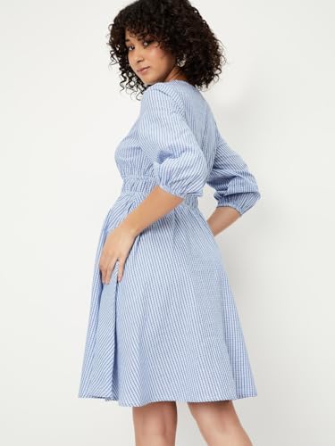 Women Striped Wrap Dress, Blue, M