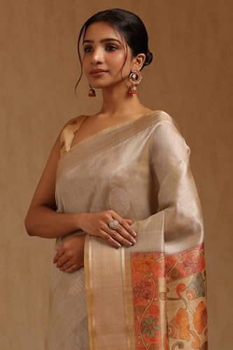 Soch Womens Grey Tussar Floral Zari Woven Saree