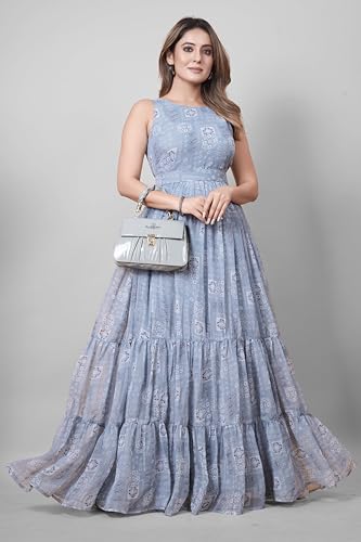 ODD BY chansi TRENDZ Women's Floral Anarkali Gown in Georgette, Grey, Ankel Length, Sleevless, Round Neck, Festive & Party Ethnic Wear