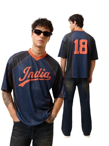 The Souled Store Cricket Men and Boys Short Sleeves V-Neck Black Graphic Printed Sporty Casual Lightweight Drop Shoulder Streetwear Easy Dry Trendy Oversized Jerseys