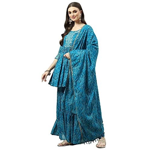 BIBA WOMEN PRINTED RELAXED SALWAR KURTA DUPATTA(SKDASSORTED8419_TEAL BLUE_40)